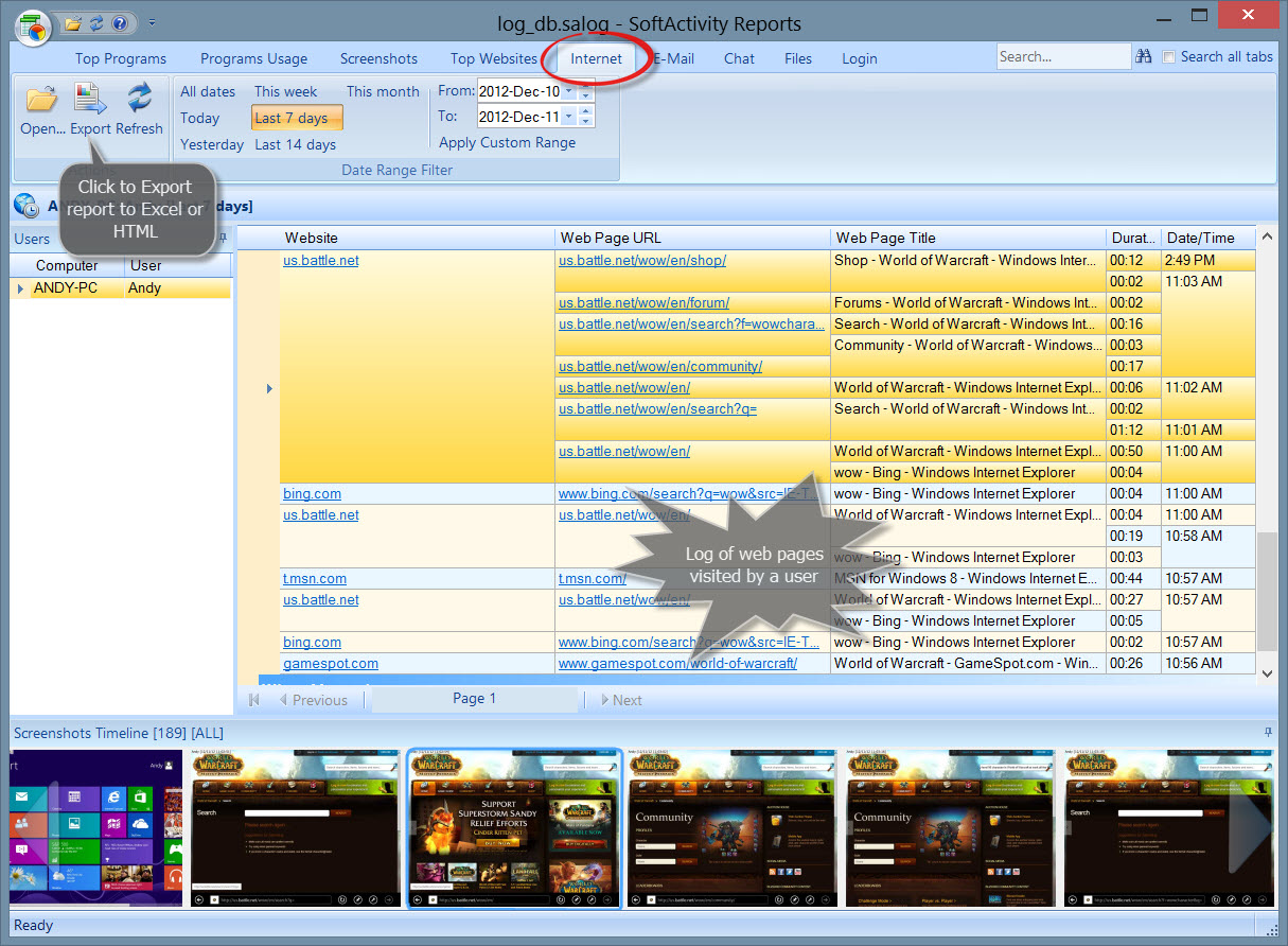 Central Log Database : Intertent history log report
