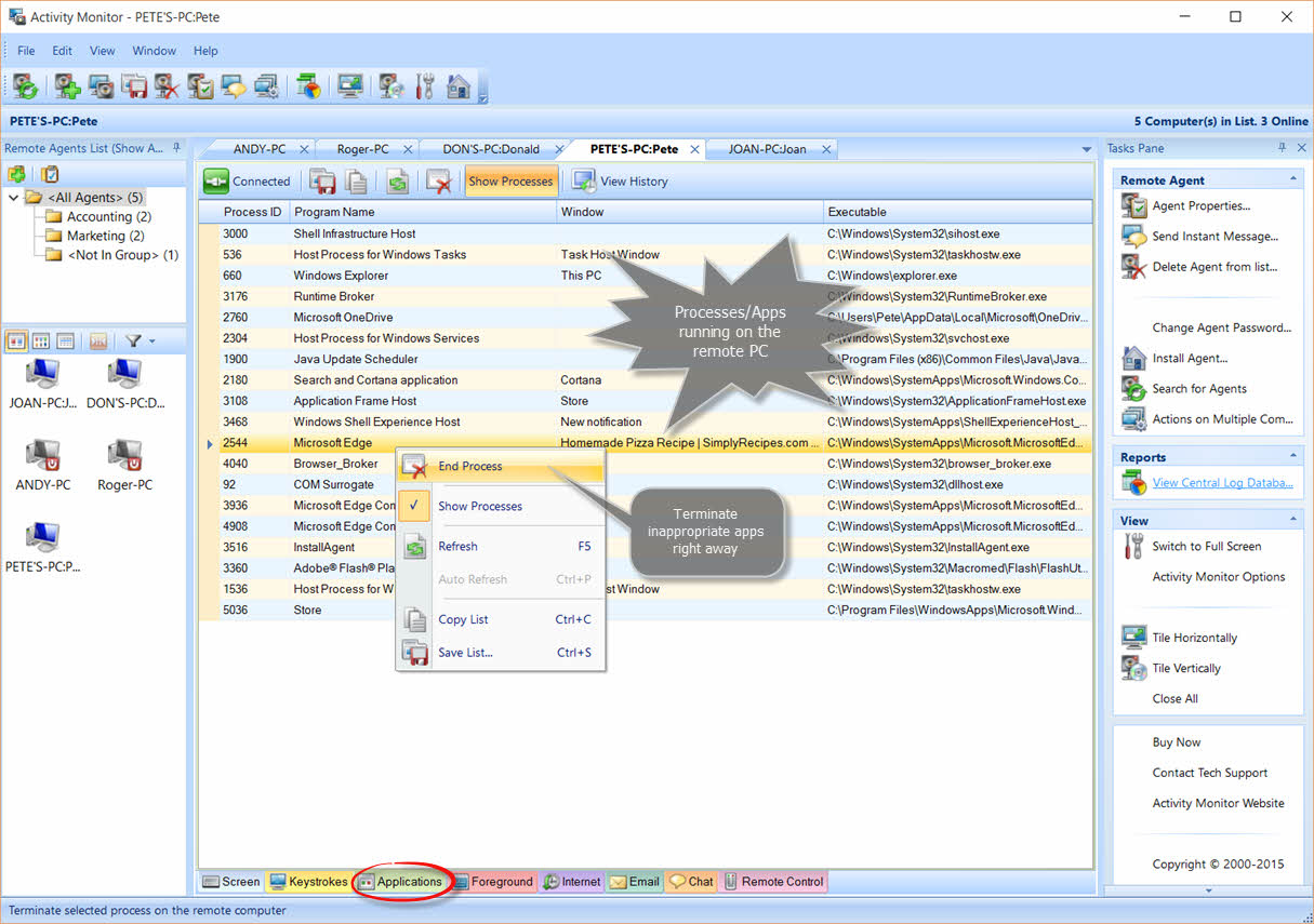 List of Applications/Processes running on the remote PC 