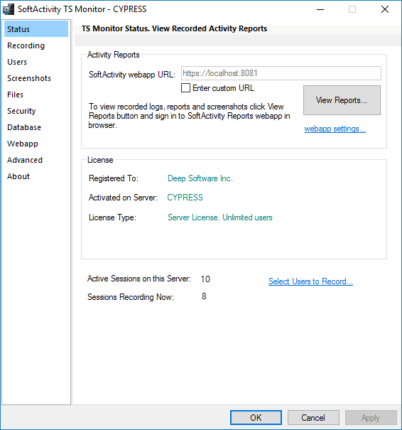 TS Monitor configuration. Recording options page